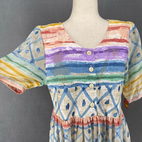 Vtg 80s 90s Two Potato Artsy A Line Midi Dress M Petite Sheer NOS Coastal Pastel - Picture 5 of 16